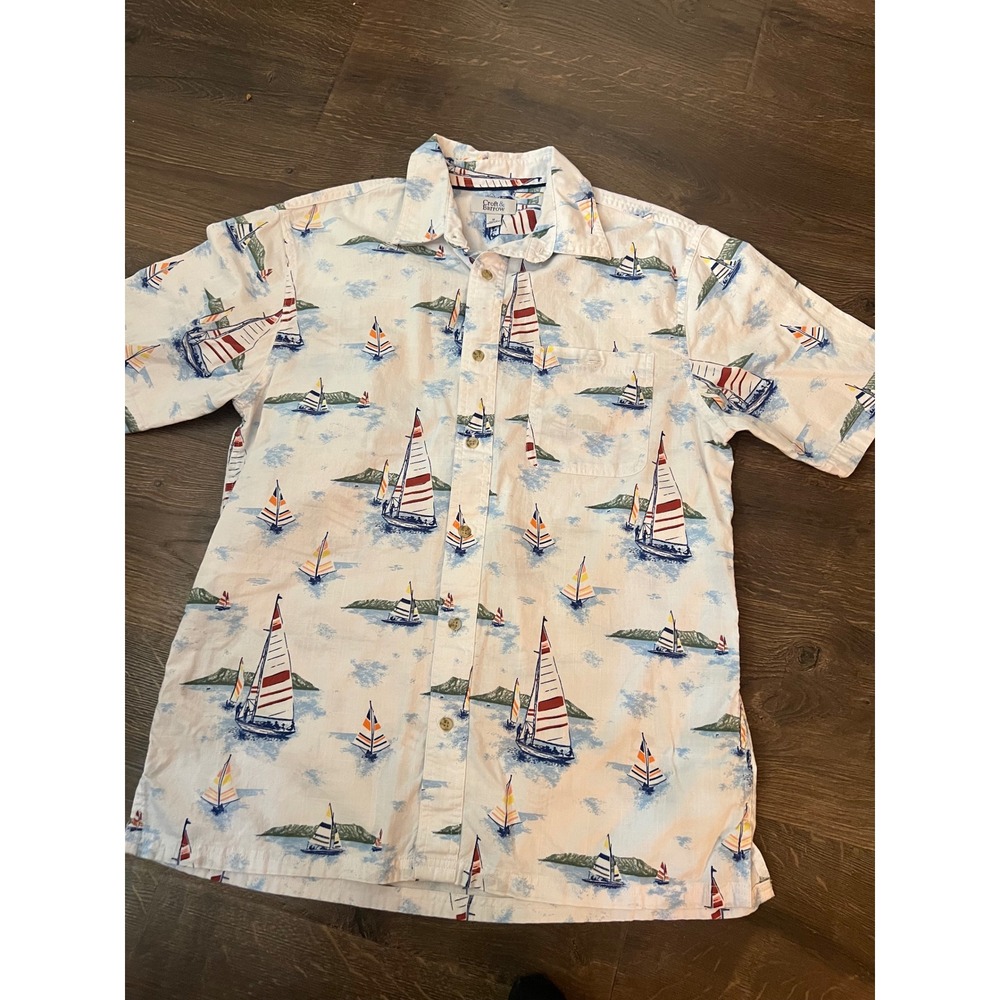 Croft & Barrow Mens Sailboat Print Short Sleeve Button Down Shirt‎ White Size M